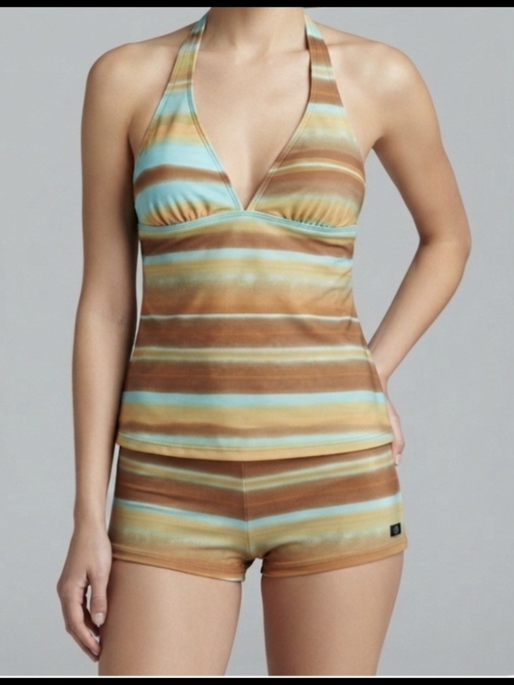 Aqua Rose Halter Tankini Top + 3 Bottoms Set Boy Cut, Bikini & Skirt Aqua Brown
